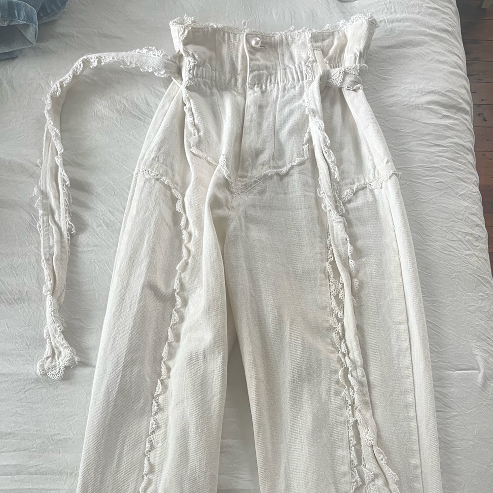 High waisted white pants with pearl and lace detail